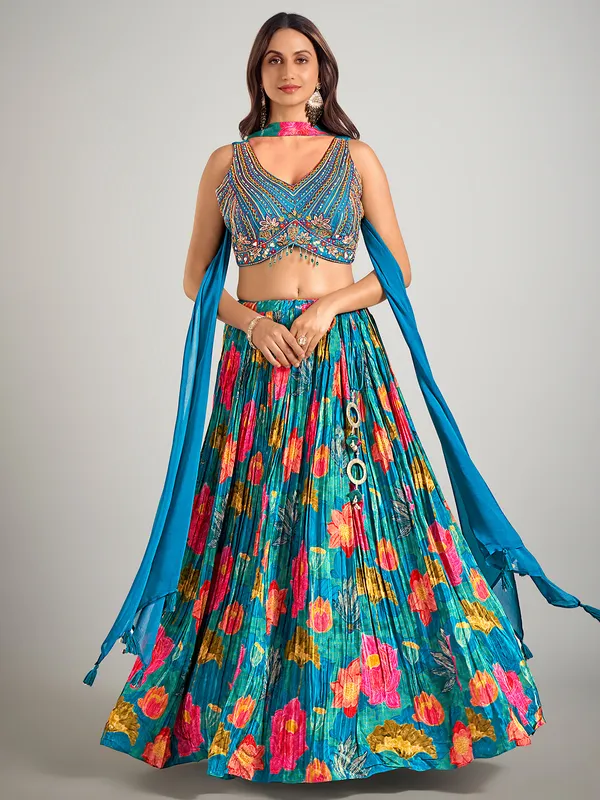 Blue printed silk lehenga choli for wedding