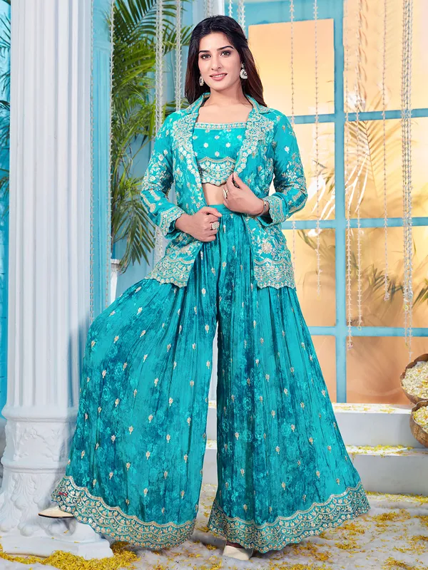 Blue printed silk palazzo suit with jacket