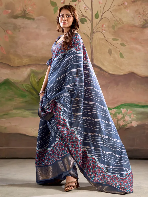Blue printed silk saree for celebrations