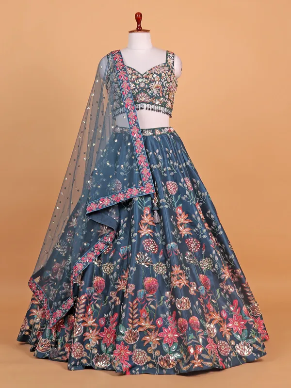 Blue printed silk sweet heart choli suit