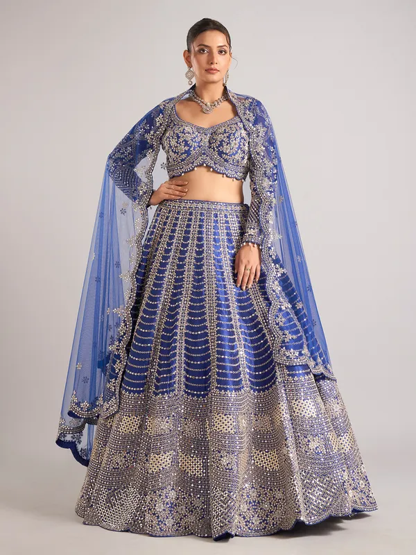 Blue raw silk lehenga choli with mirror work