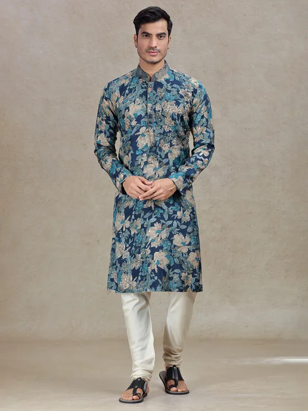 Blue regal elegance printed kurta suit in tussar silk