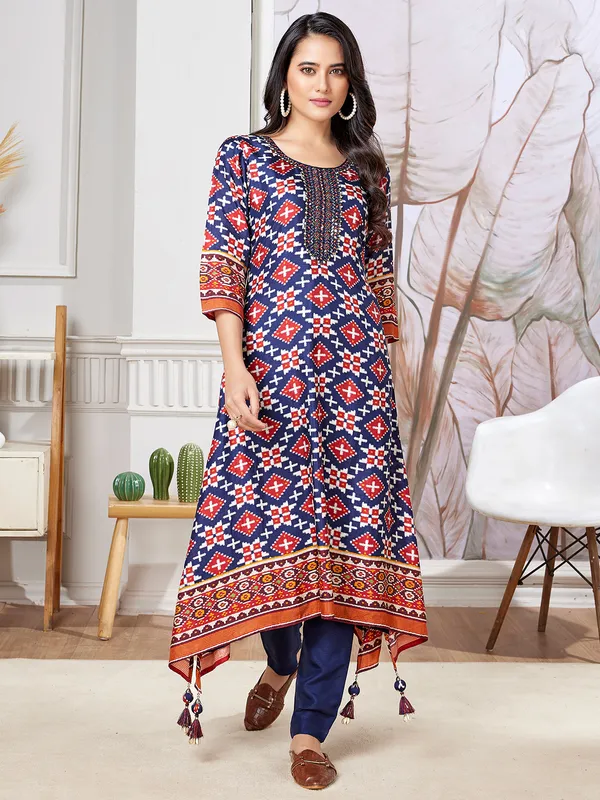 Blue russian silk printed kurti set for festive