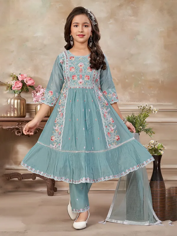 Blue salwar suit with embroidered pants and dupatta