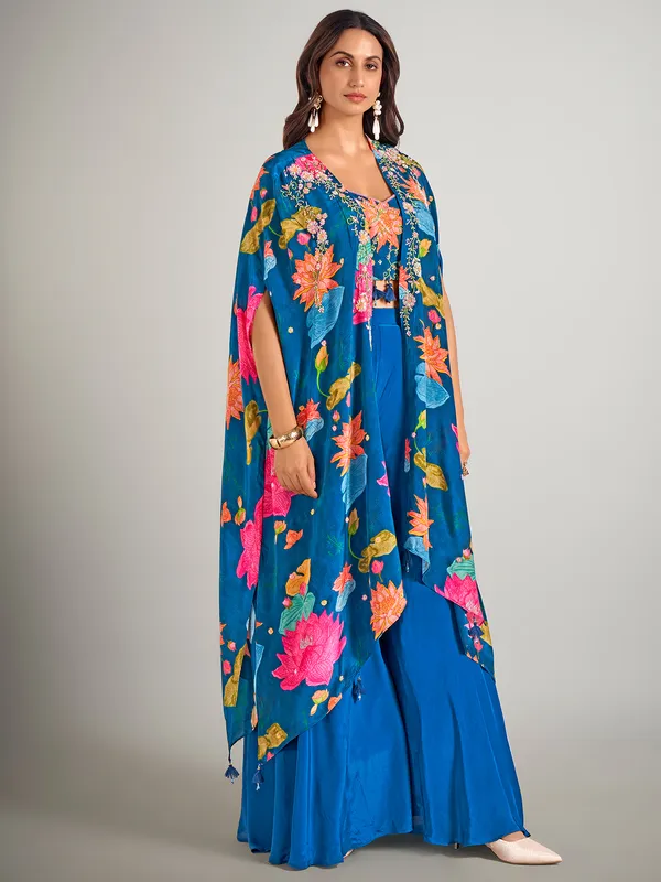 Blue satin silk palazzo suit with long jacket