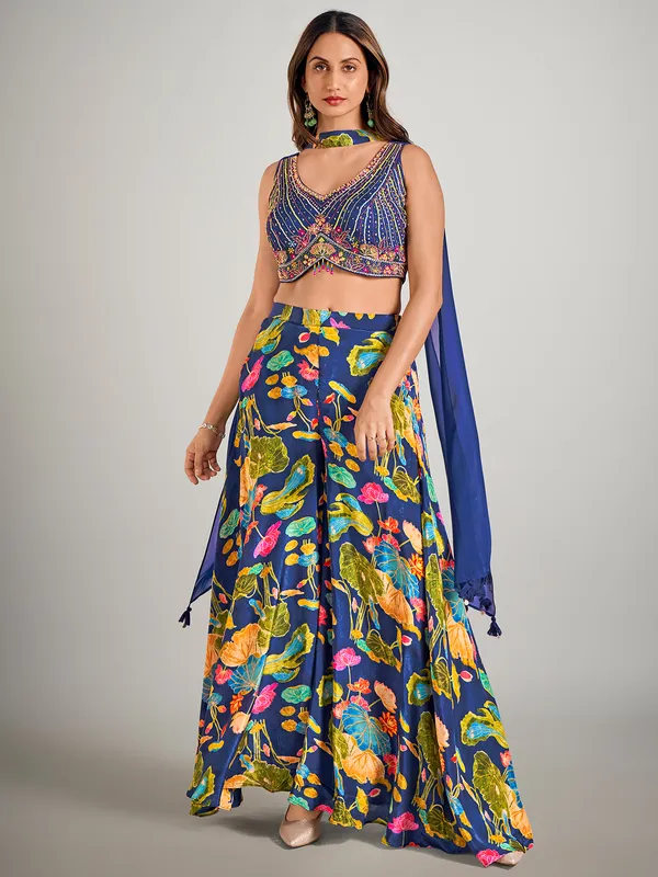 Blue satin silk printed palazzo suit