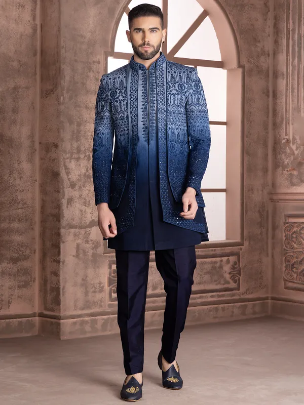 Blue shaded silk indowestern