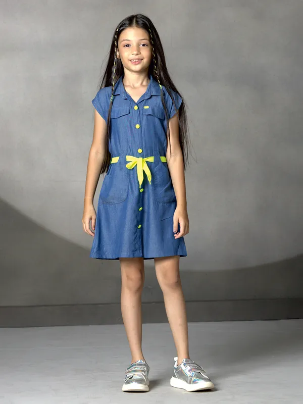 Blue silk collar cap girls frock
