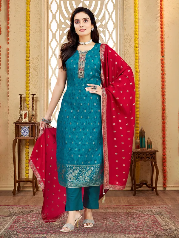 Blue silk festival wear salwar suit with dupatta