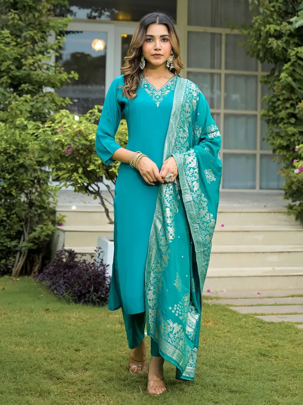 Blue silk festive kurti set with stone work