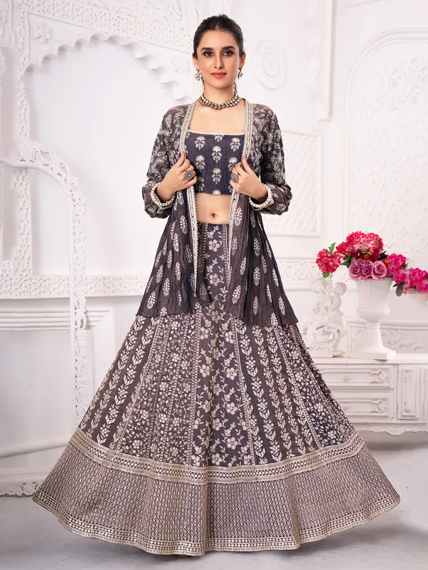 Blue silk jacket style lehenga choli