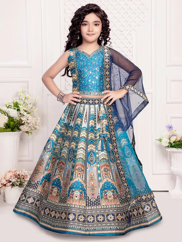 Blue silk lehenga choli with ethnic print