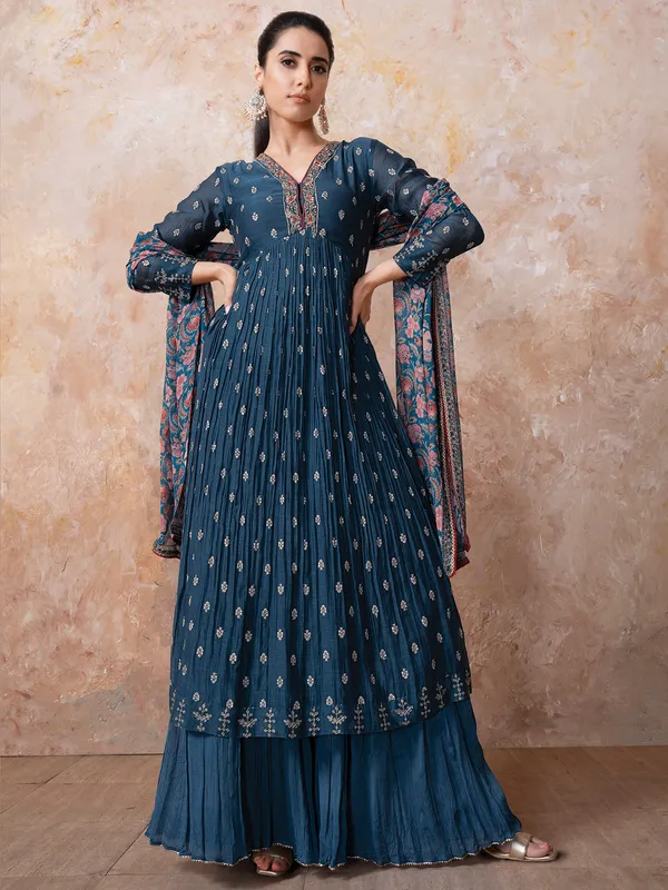 Blue silk pakistani palazzo suit for women