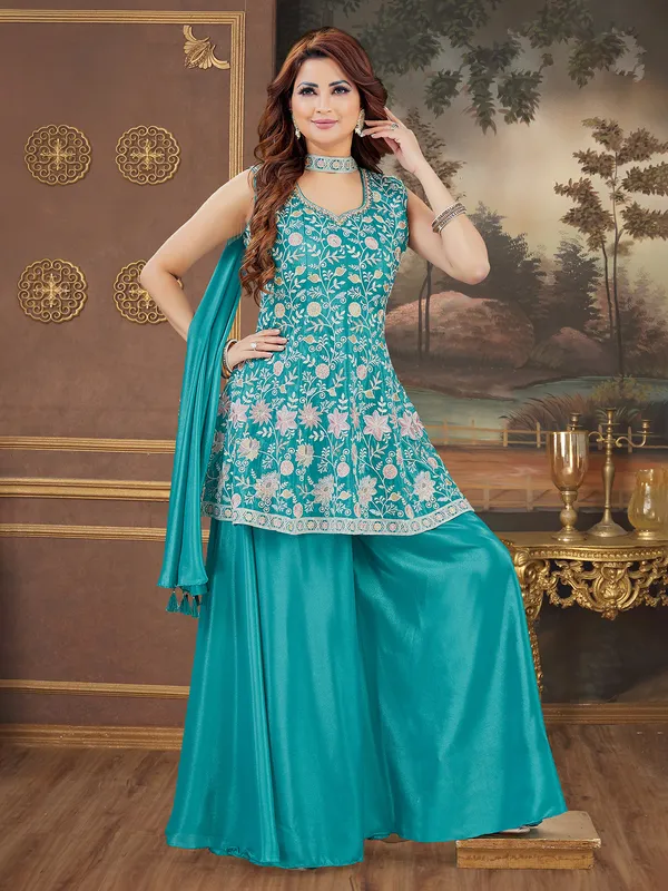 Blue silk palazzo salwar suit with elegant dupatta