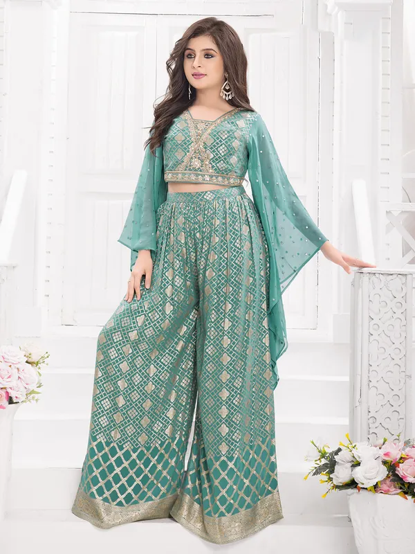 Blue silk palazzo suit with mirror work