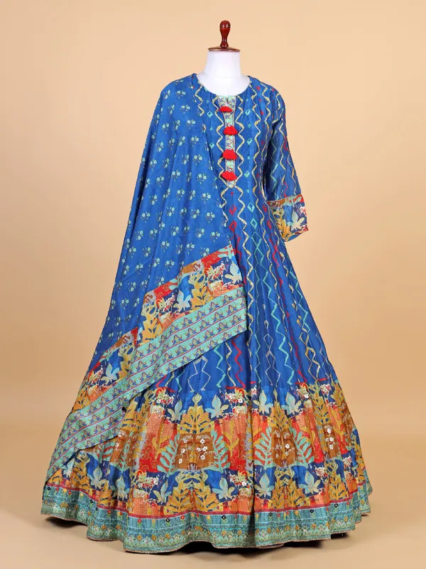 Blue silk printed anarkali salwar suit