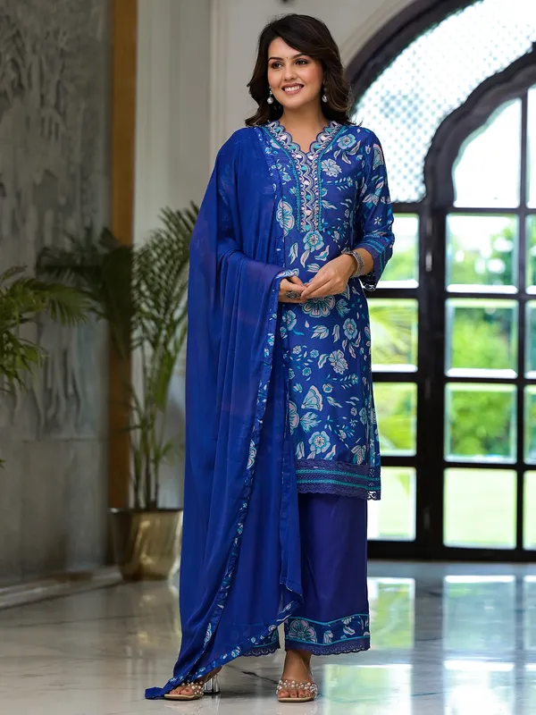 Blue silk printed kurti set for festive