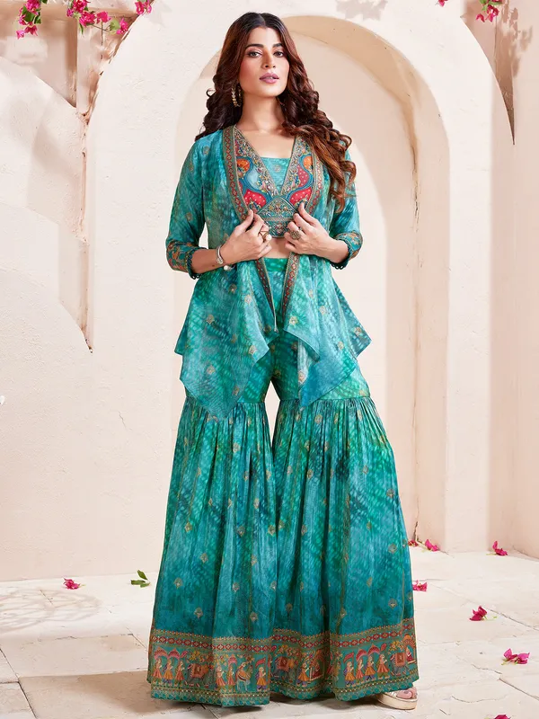 Blue silk printed sharara suit for wedding