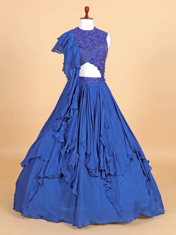 Blue silk round  neck lehenga choli for reception