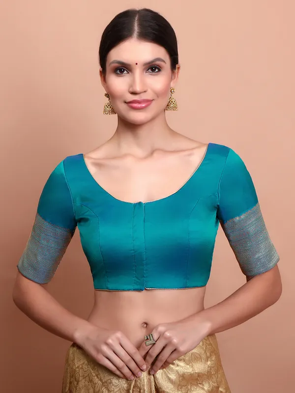 Blue silk round neck ready made blouse with zari accents