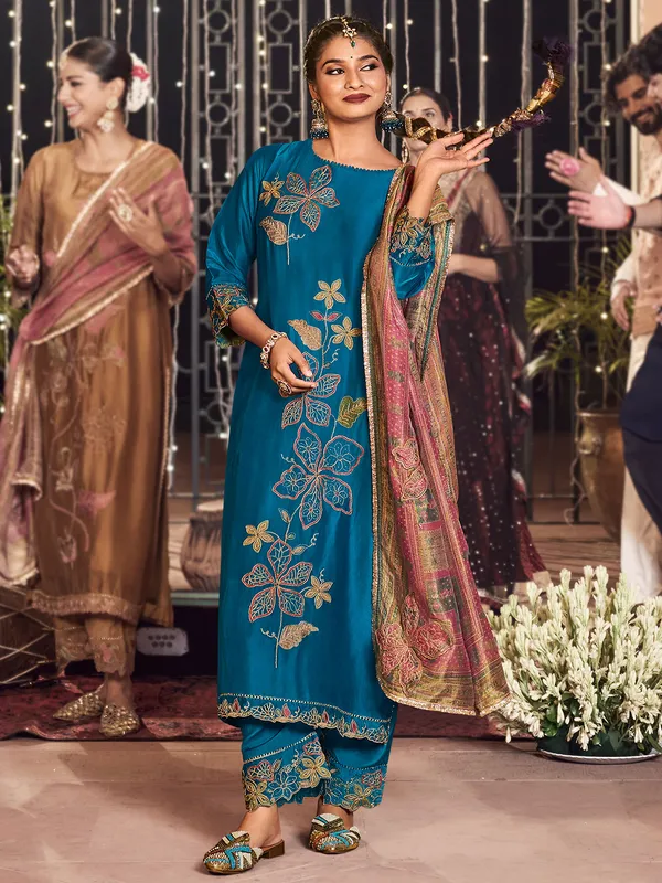 Blue silk salwar suit with dupatta for festival