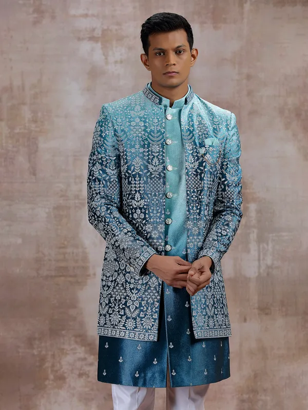 Blue silk shaded indo western with jacket style