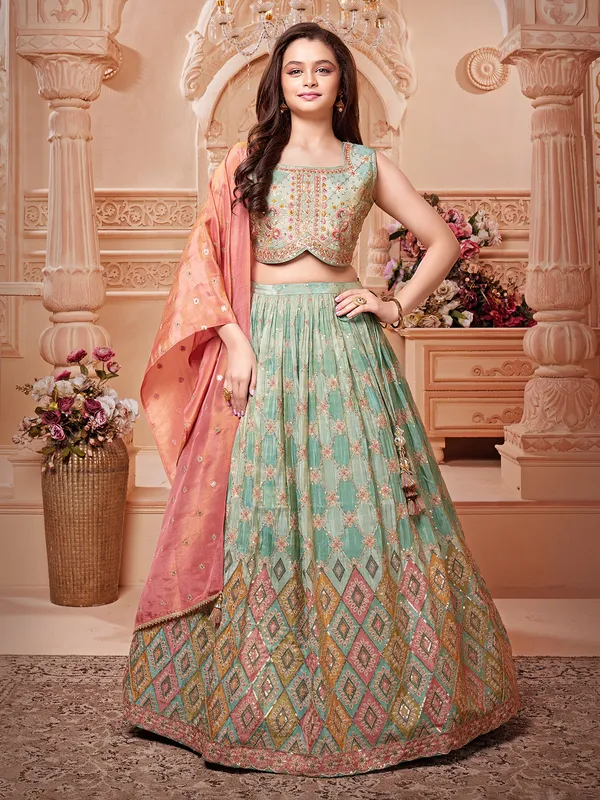 Blue silk square neck lehenga choli with dupatta