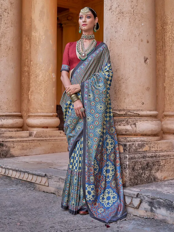 Blue soft silk and printed saree for women
