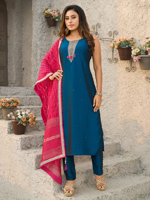Blue straight cut salwar suit in silk