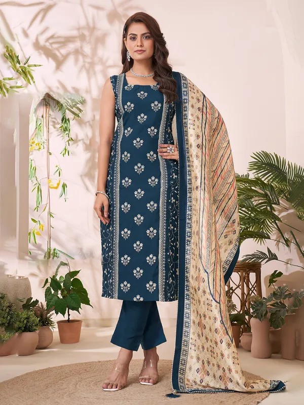 Blue straight cut silk salwar suit for festive wear