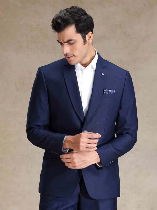 Blue terry rayon textured blazer and pant suit