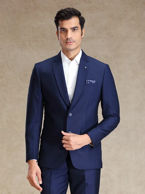 Blue terry rayon textured blazer for men