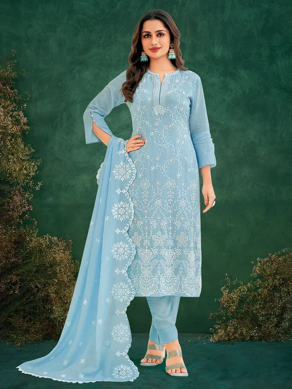 Blue thread worked mulmul salwar suit