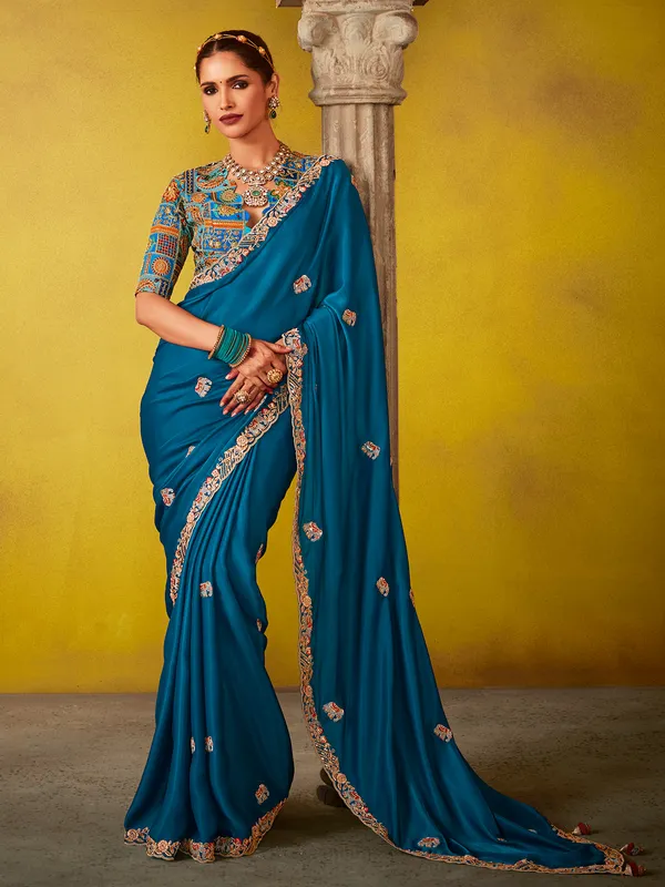 Blue tissue silk saree with sequins work