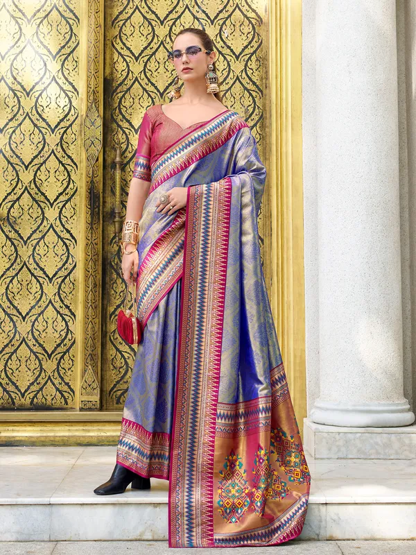 Blue tissue silk zari weaving saree
