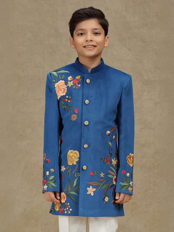 Blue velvet indowestern for boys