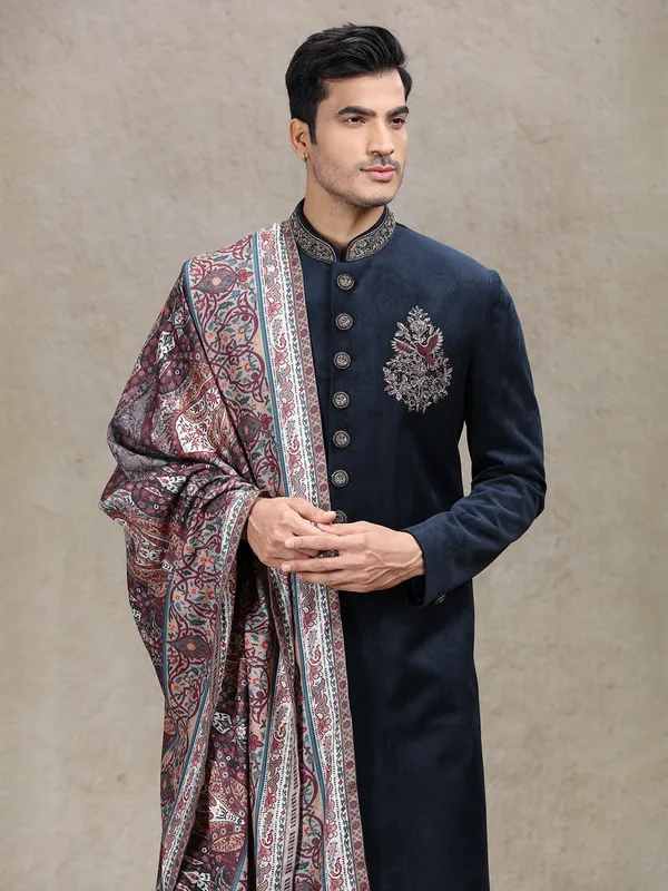 Blue velvet sherwani with vintage printed dupatta