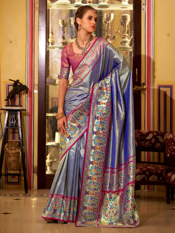 Blue wedding tissue silk saree with unstitched blouse