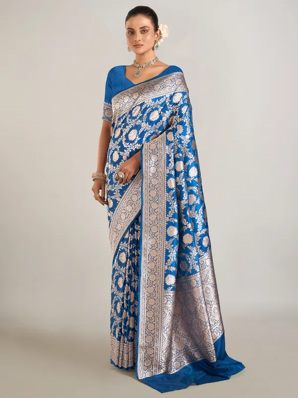 Blue zari weaving banarasi silk saree for wedding