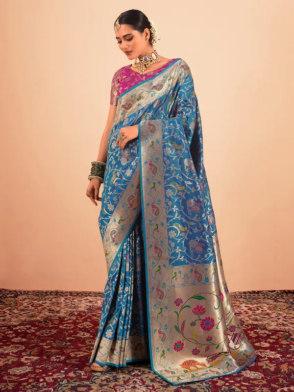 Blue zari worked paithani silk saree