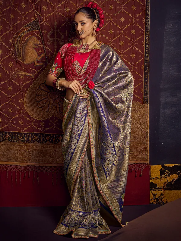 Blue zari worked silk saree for wedding