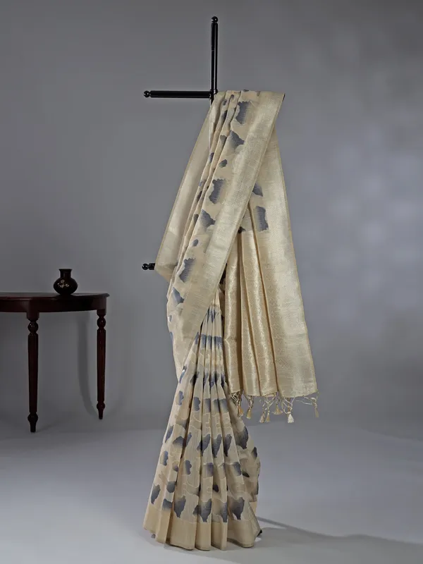 Blue zari woven semi cotton saree with unstitched blouse