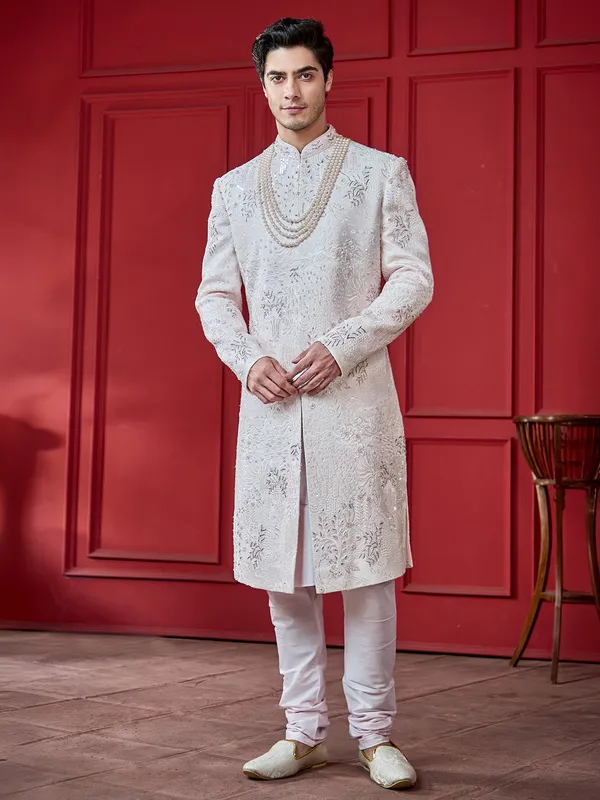 Blush light pink silk sherwani for groom