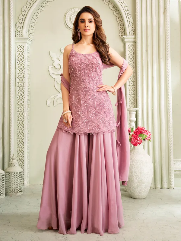 Blush pink georgette palazzo suit with pearl embellishment