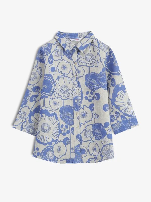 BOOM beige and blue printed linen shirt