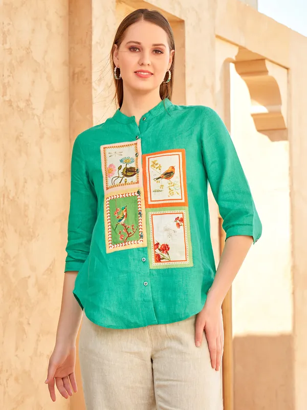 BOOM green linen printed shirt