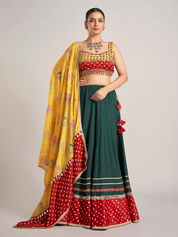 Bottle green and yellow silk chaniya choli