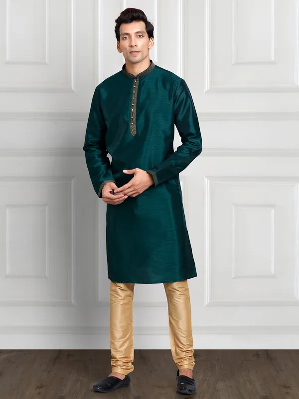 Bottle green art silk kurta suit