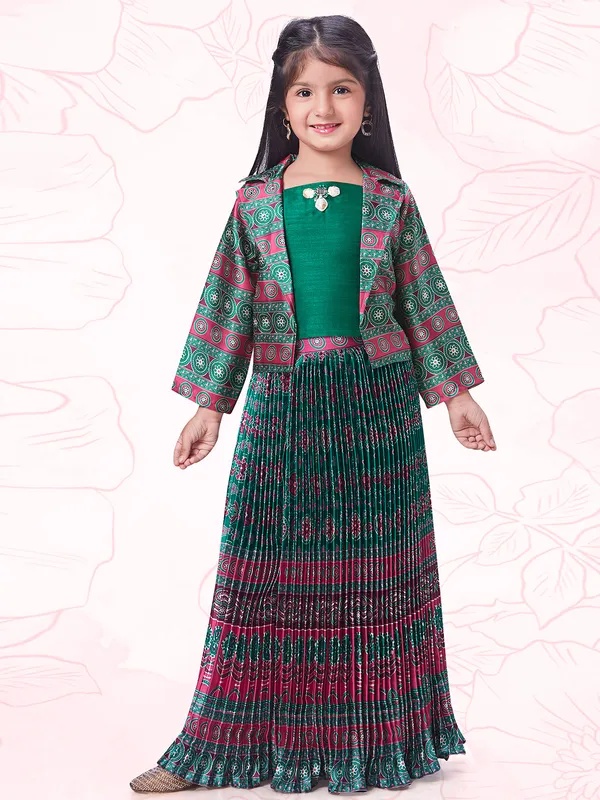 Bottle green crape silk printed lehenga choli
