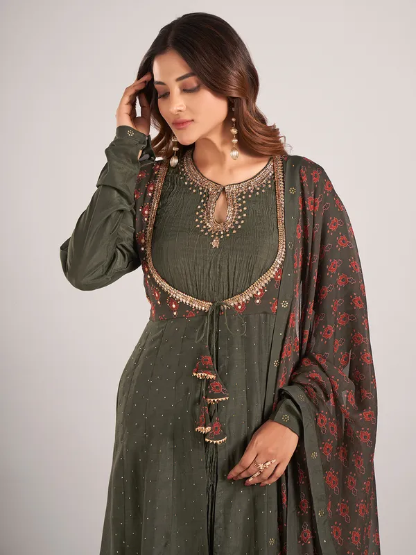 Bottle green printed cotton silk salwar suit
